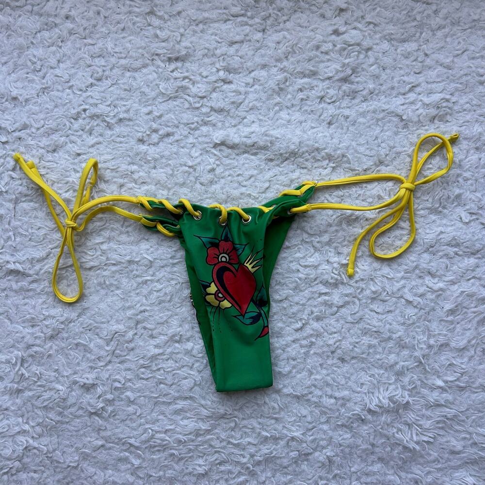Ed Hardy Green Graphic Print String Tie Bikini Bottoms Size Small